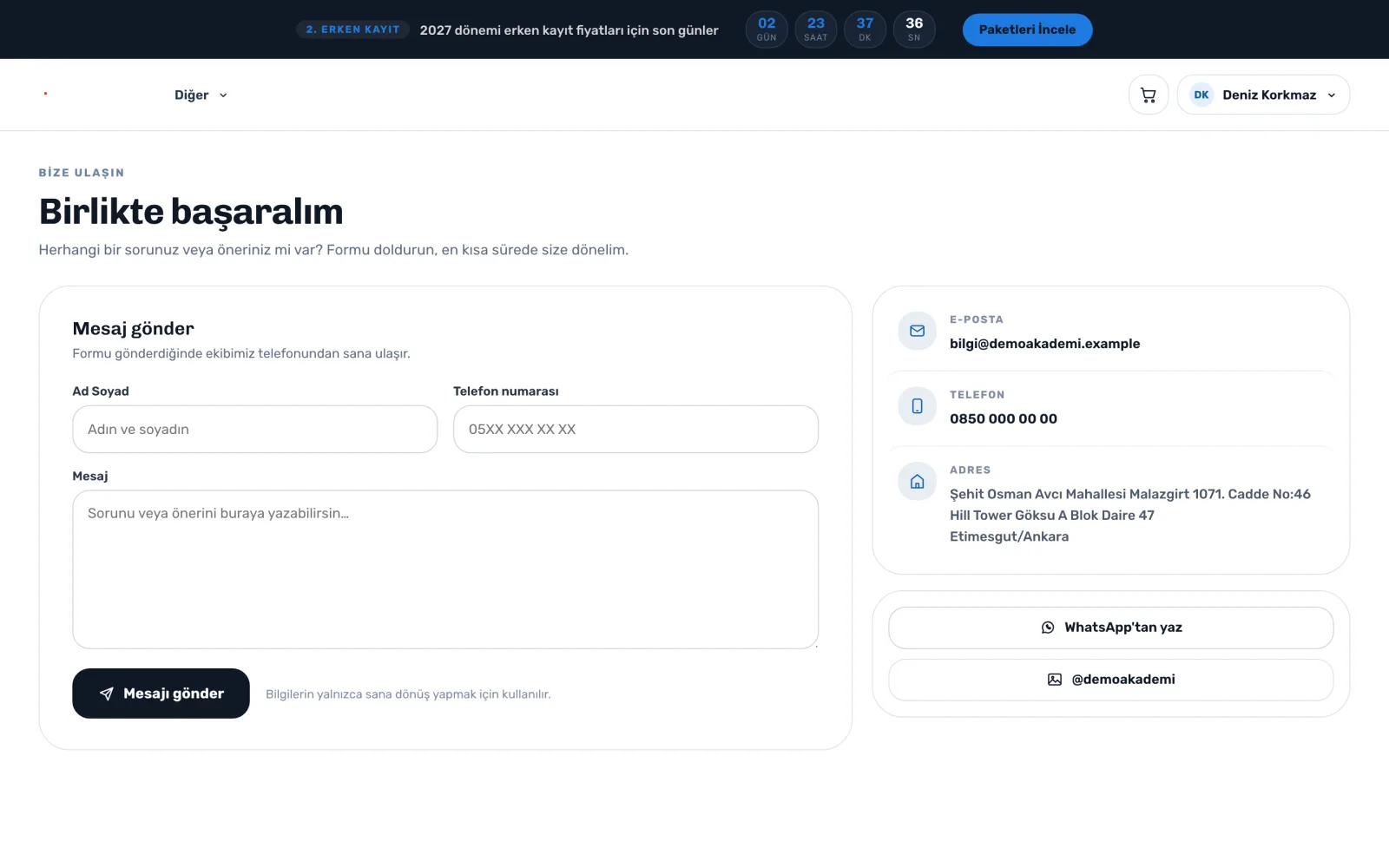 İletişim sayfası — uzem.app ekranı