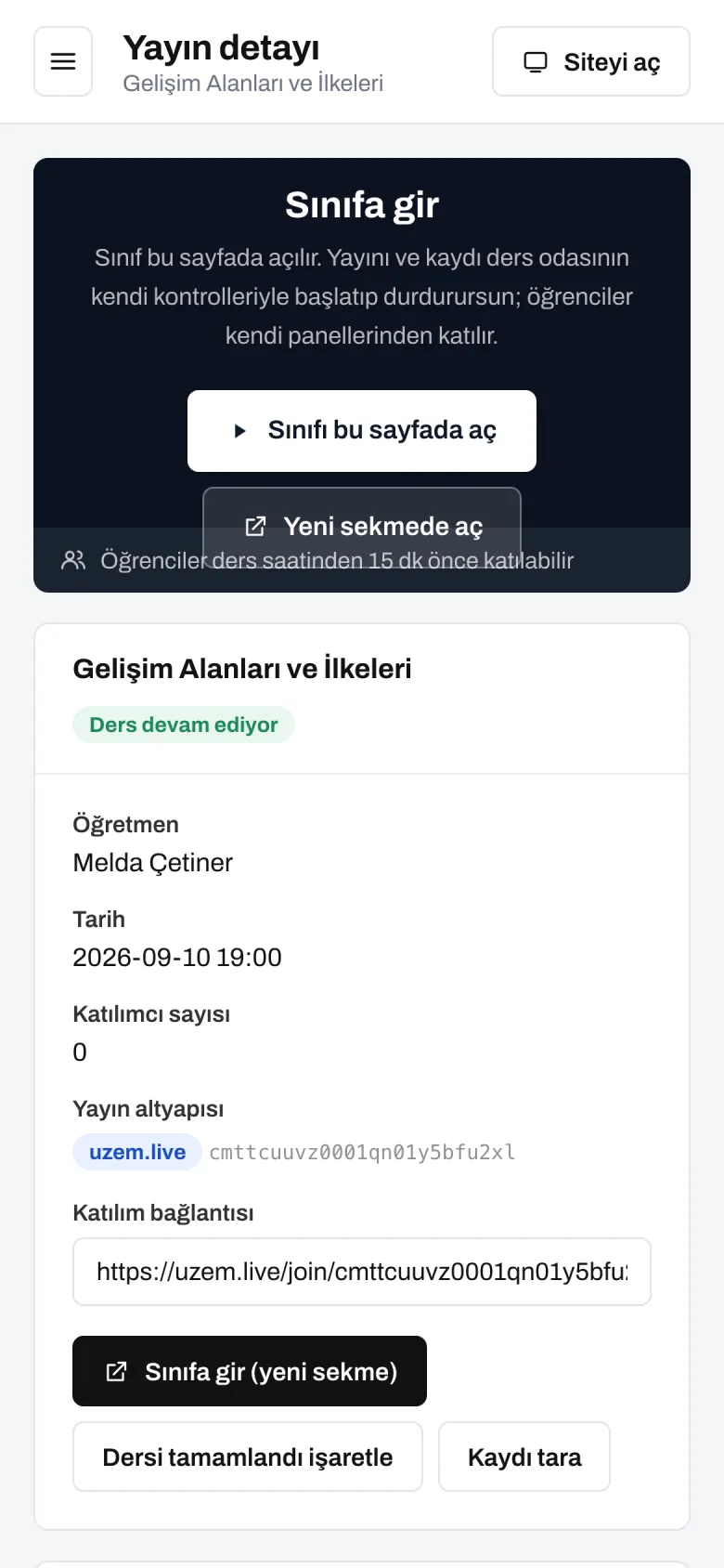 uzem.app yayın konsolu — telefon görünümü