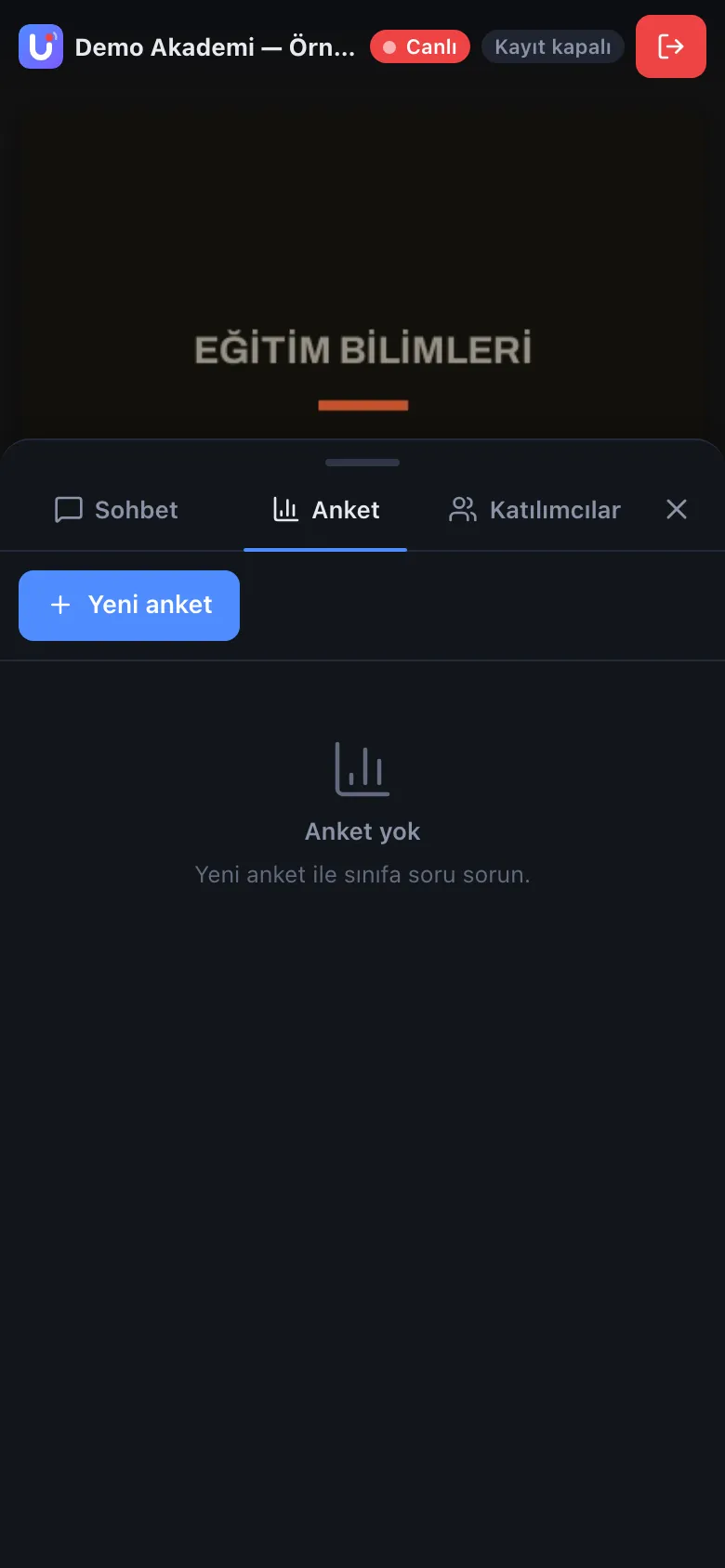 Canlı sınıf — eğitmen görünümü — telefon görünümü